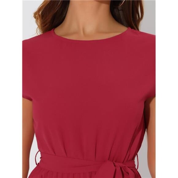 Women's Sleeve Tie Waist A-Line Dresses Wine Red - Picture 5 of 5